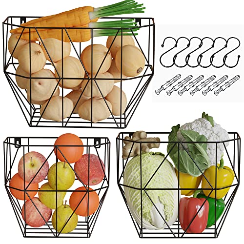 Wall Hanging Fruit Basket for Kitchen - Set of 3 - Black