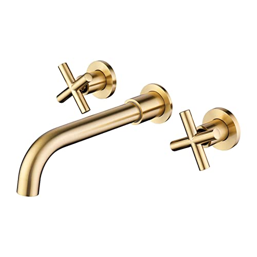Wall Mount Bathroom Faucet Brushed Gold, Wall Mount Faucet with 2 Cross Handles for Bathroom
