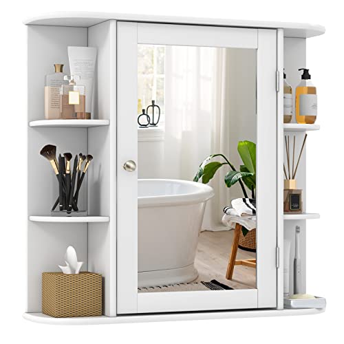 Wall Mounted Bathroom Storage Cabinet with Mirror Door & 6 Open Shelves