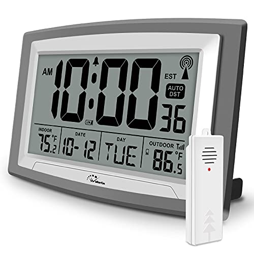 WallarGe 12.5 Inch Atomic Digital Clock with Indoor/Outdoor Temperature Display