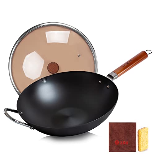 Eleulife Carbon Steel Wok, 13 Inch Wok Pan with Lid and Spatula, Nonstick  Woks