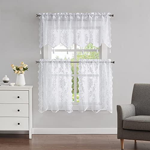 White Lace Kitchen Curtains & Valances Set with Tassels