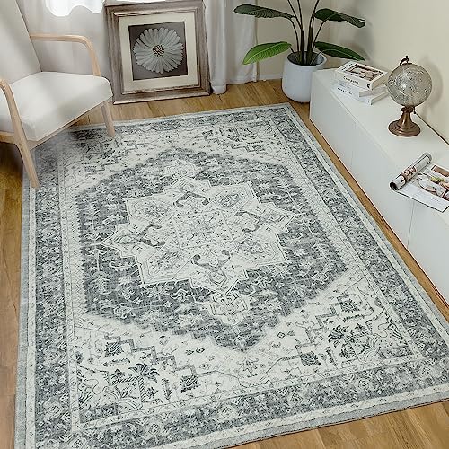 Washable Large Grey Bedroom Rug with Non-Slip Rubber Backing