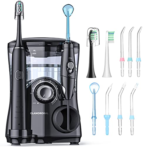 Water Flosser and Toothbrush Combo in One, 600ml Oral Irrigator and Electric Toothbrush with 7 Jet Tips, 2 Brush Heads Whitening Toothbrushes, Dental Water Flosser (Black)