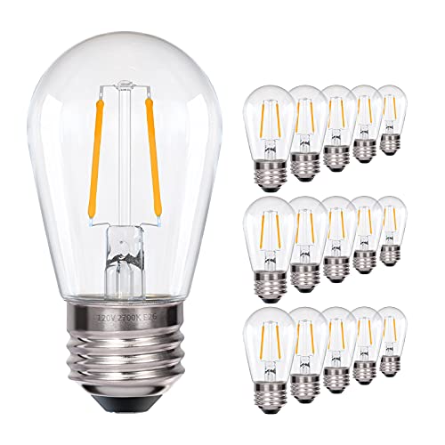 We Charger S14 LED Light Bulbs, Edison Vintage Bulb for Outdoor String Light Replacement,20W Equivalent, E26 Screw Base Shatterproof Waterproof 2W Clear Filament Bulb 2700K-15 Pack