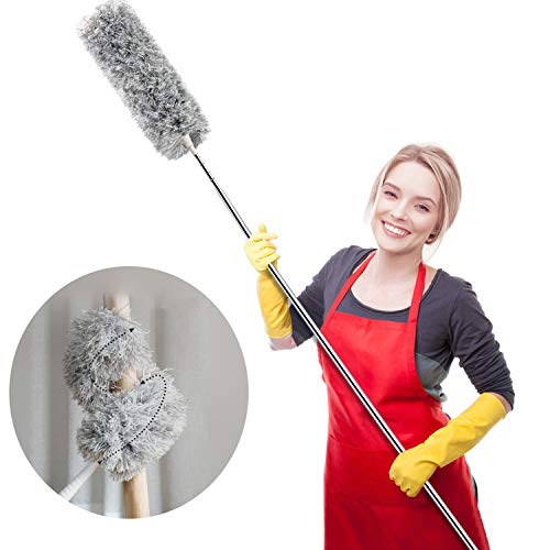 Webster Cobweb Duster, Feather Duster for Home, Extendable Dusters for Cleaning High Ceiling Fans, Hand Wall Duster, Long and Washable Dust Brush Gray