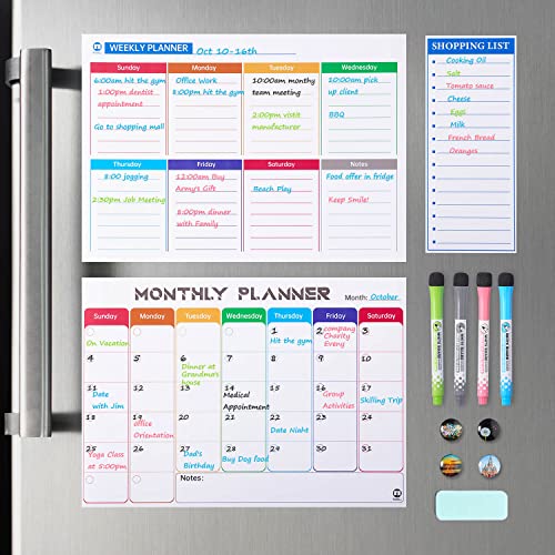 Weekly Monthly Calendar Whiteboard for Refrigerator/Fridge, Magnetic for Grocery List Magnet Pad for Family Planner Kitchen Schedule Dry Erase Board