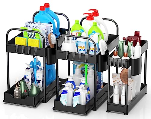 Weenkilly 2 Tier Under Sink Organizer with Hooks and Handles