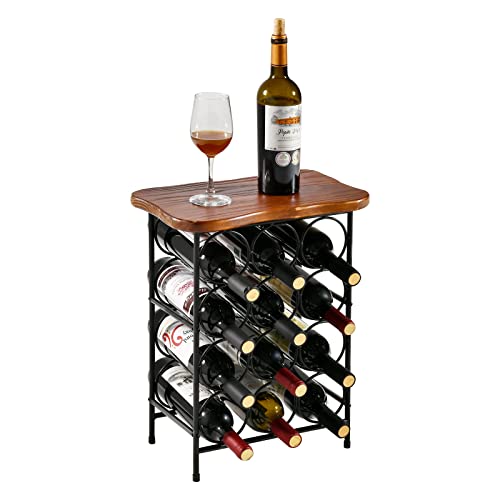 WELLAND 12 Bottle Wine Rack with Solid Wood Table Top, Metal & Pine Free Standing Wine Storage Rack