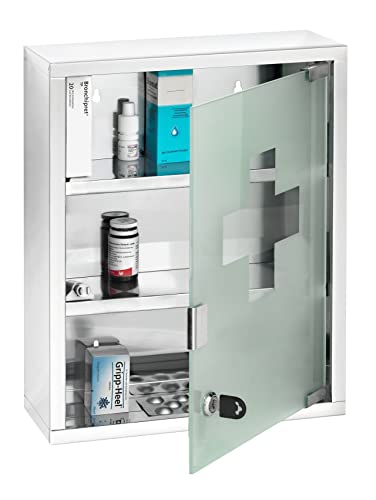 WENKO Medicine Cabinet with Lock and Satin-Finished Safety Glass Door