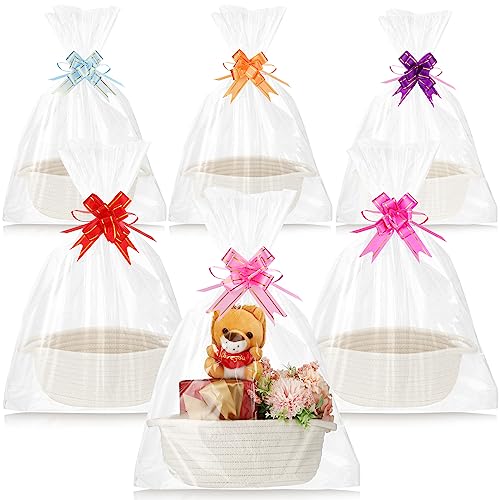 Wesiti 6 Pieces Empty Gift Basket with 10 Shrink Wrap Bags and 12 Bows, Woven Basket with Handles, Rope Basket for Storage Wedding Birthday Party Baby Shower Christmas Graduation Holiday (White)