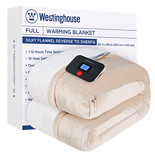 Westinghouse Electric Heated Blanket with 10 Levels & 12 Hour Settings, Flannel/Sherpa Reversible - 80x84 Full Size, Beige - Machine Washable