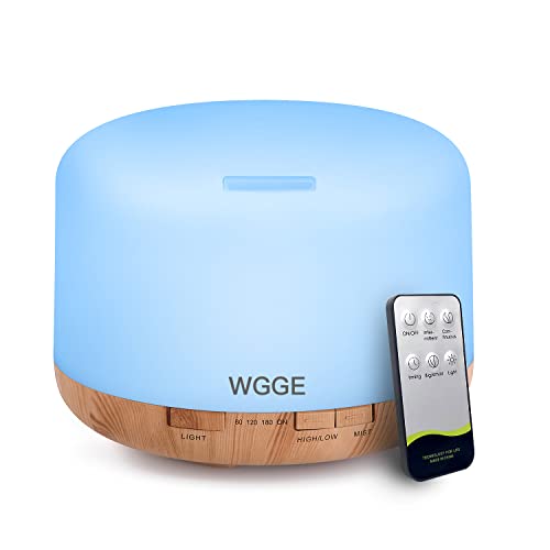 WGGE Essential Oil Diffuser, 500ml Premium Ultrasonic Vaporizer Aromatherapy Diffuser with 7 Color Changing, Timer, and Waterless Auto-Off with Remote Control.