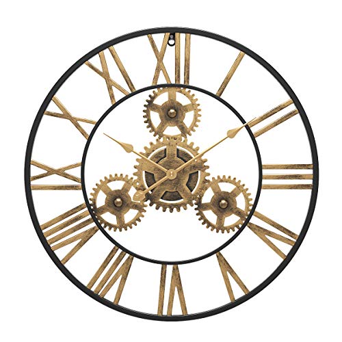 WGWART 24 Inch Large Gear Wall Clock - Oversized 3D Steampunk Roman Numeral Wall Clock - Silent Retro Rustic Country Decorative Wall Clock for Living Room, Dining Room, Home, Farmhouse - Gold