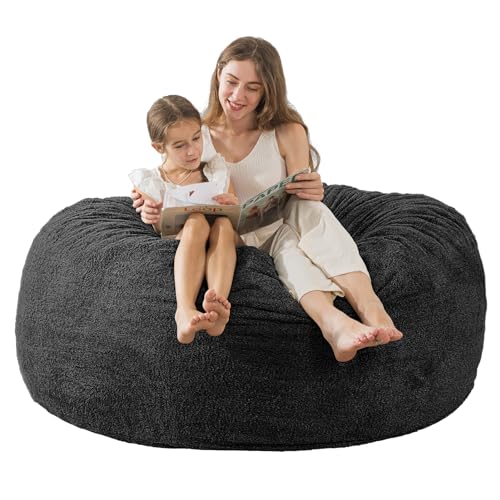 WhatsBedding Bean Bag Chair with Sherpa Cover: 5 ft Giant Memory Foam Bean Bag Chairs for Adults/Teens with Filling,Ultra Soft Faux Fur Fabric, Round Fluffy Lazy Sofa for Living Room,5 Foot,Black