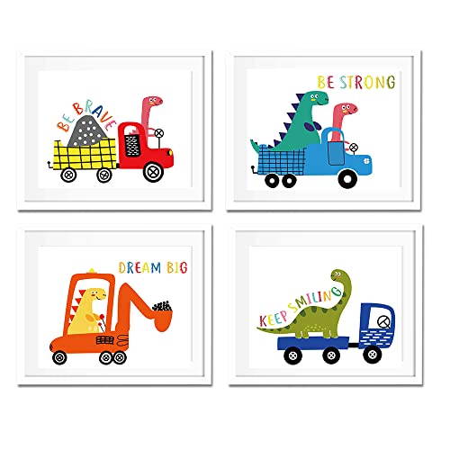 Whimsical Dinosaur Truck Art Prints - Set of 4