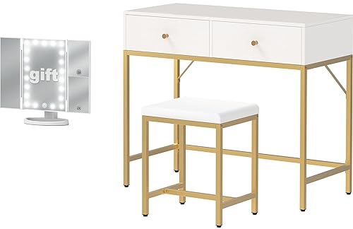 White and Gold Computer Desk with Stool and Lighted Mirror