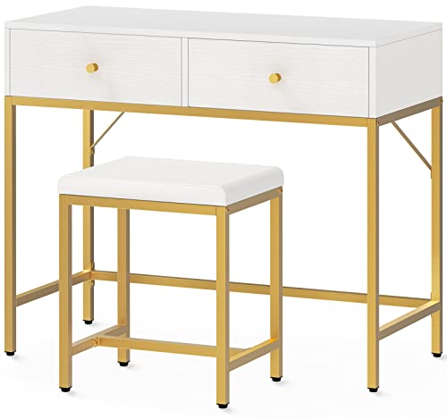 White and Gold Desk with 2 Drawers