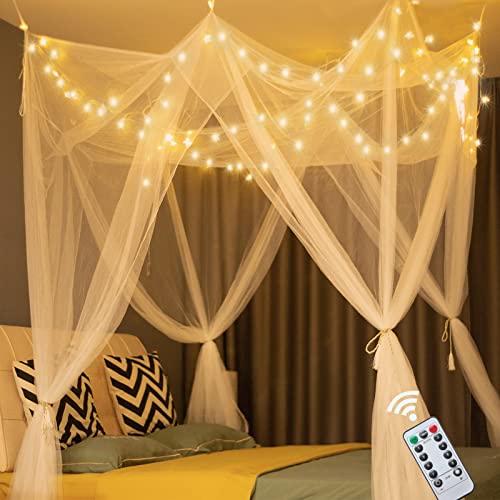 White Bed Canopy with Lights for Girls Bedroom Decor