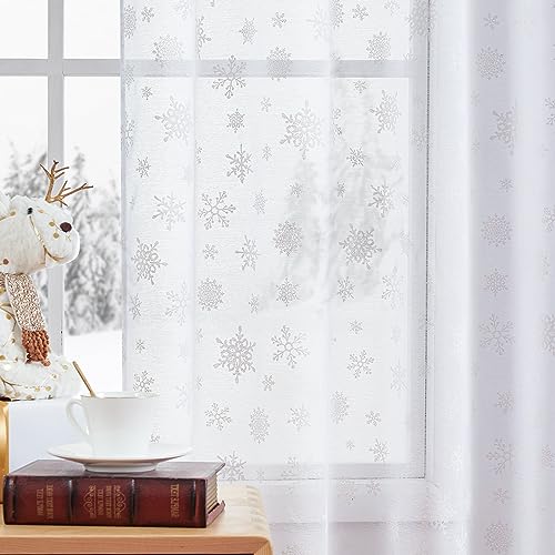 White Christmas Sheer Curtains with Snowflake Print