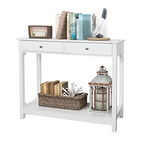 White Console Table with Storage - Entryway Living Room Hallway Table