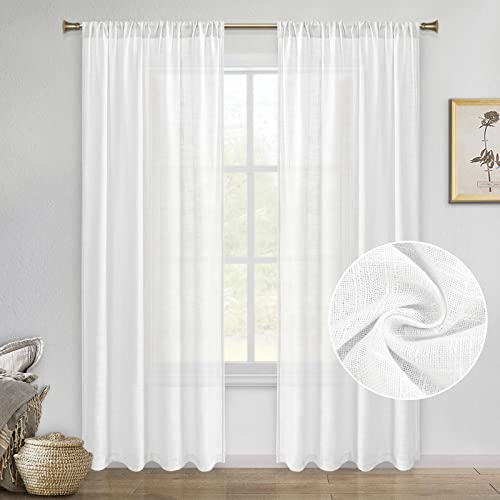White Faux Linen Sheer Curtains - Set of 2 Panels