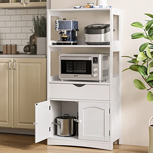 White Kitchen Pantry Storage Cabinet with Microwave Space and Storage Shelves