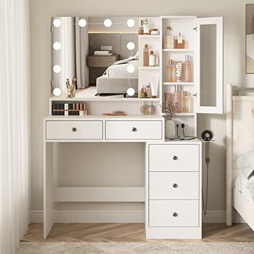 White Makeup Vanity Desk with Mirror and Lights
