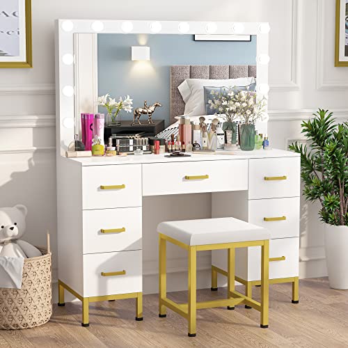 White Makeup Vanity Set with Lighted Mirror