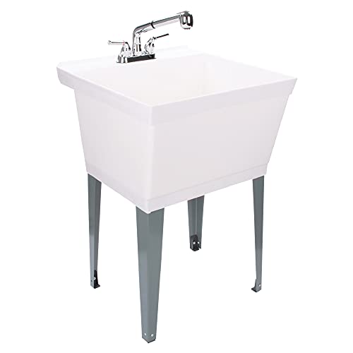 White Utility Sink Laundry Tub With Pull Out Chrome Faucet