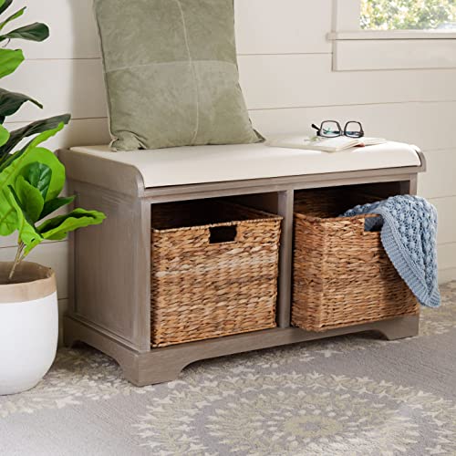 White Wash/ Wicker Basket Storage Bench with Cushion