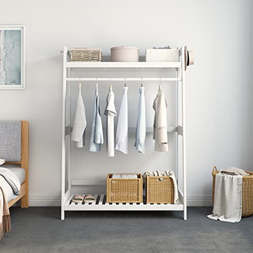 White Wood Freestanding Clothing Rack with Storage Shelves