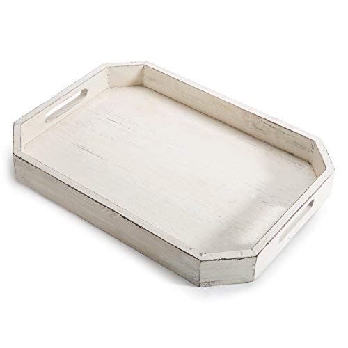 Whitewashed Wood Serving Tray with Handles and Angles Edges