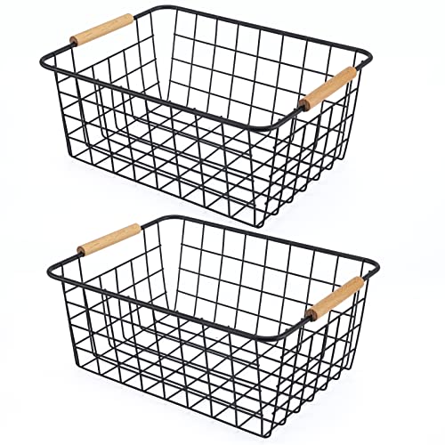 Wire Basket Storage Organizer with Wooden Handles