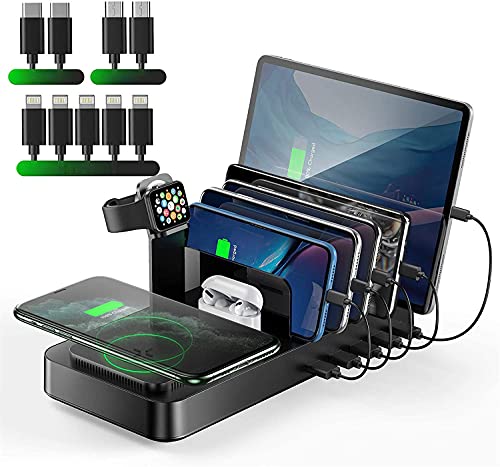 Wireless Charging Station with 8-in-1 USB Charger and 10W Wireless Charger