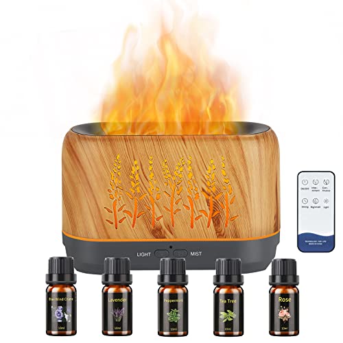 Wood Aromatherapy Diffuser Set with 5 Oils and Flame Light