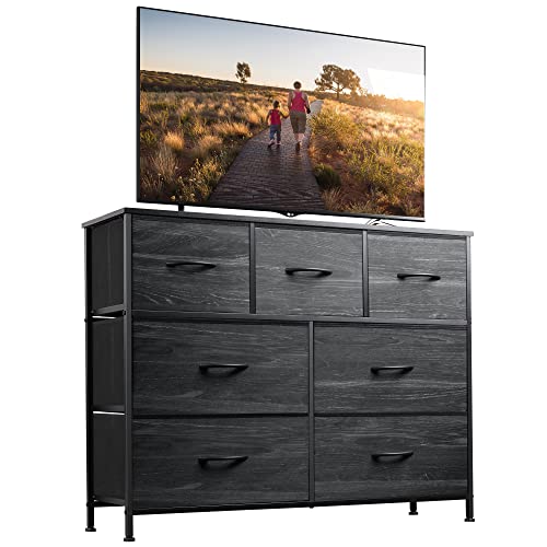 Charcoal Black Wood Grain TV Stand with Fabric Drawers for 45" TV
