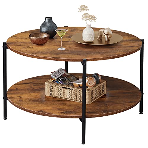 WLIVE Round Coffee Table with 2-Tier Storage Shelf