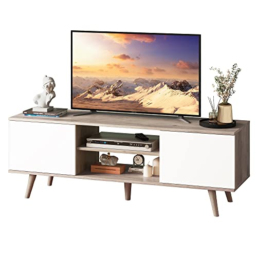  Panana TV Stand, Classic 4 Cubby TV Stand for 65 inch TV,  Farmhouse Television Stands Entertainment Center Media Stand with Storage TV  Table Stand for Living Room Bedroom White 59 inch 