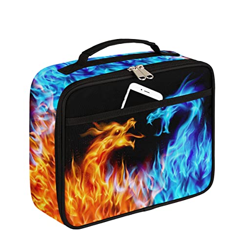WMWXER Fiery Dragons Lunch Box for Boys and Girls, Red Blue Fire Dragon Insulated Lunch Bag Reusable Thermal Lunchbox Cooler Tote with Mesh Pocket for Women Men Picnic Work School