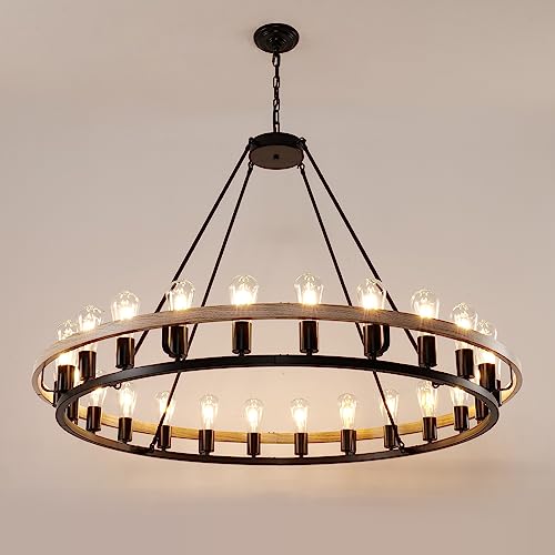 WOGON WEEL Wagon Wheel Chandelier 48-Inch 24-Light, Black and Oak Wood Tone Finish Round Rustic Farmhouse Chandelier Extra Large for High Ceilings, Living Room Foyer