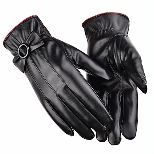 FYQCY Women's Winter Touchscreen Fleece-Lined Leather Gloves - Black