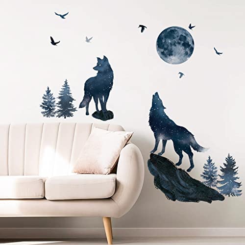Wolf and Moon Mountain Wall Stickers for Bedroom and Nursery