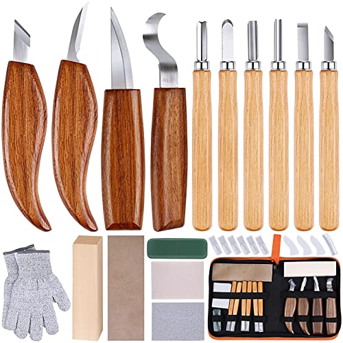 Wood Carving Tools Pack of 11- Includes Black Walnut Handle Wood Carving  Knife,Whittling Knife,Hook Knife,Polishing Compound,Sharpening Stone,Cut