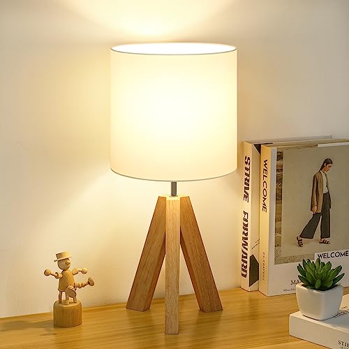 Wood Tripod Table Lamp with White Fabric Shade