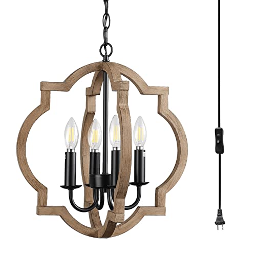 Wooden Farmhouse Plug-in Chandelier with 16.4ft Cord