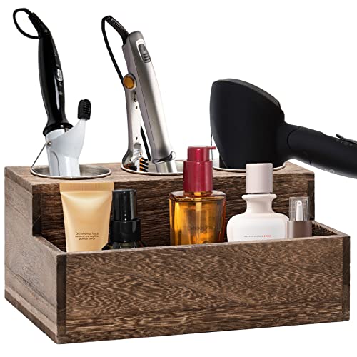 Rustic Wooden Hair Tool Organizer for Bathroom Vanity Storage