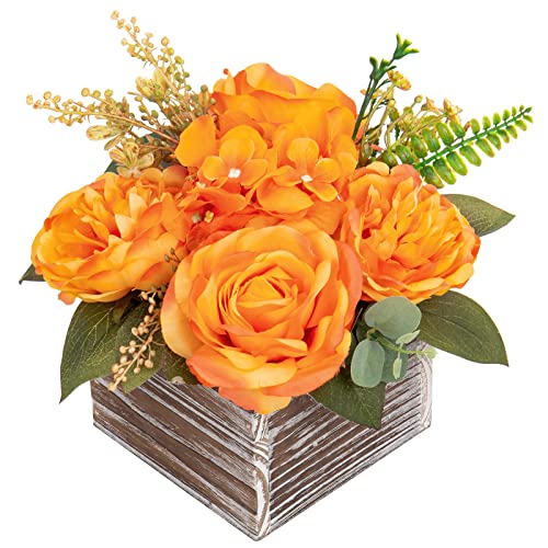 Wooden Vase Artificial Flower Arrangement - Orange