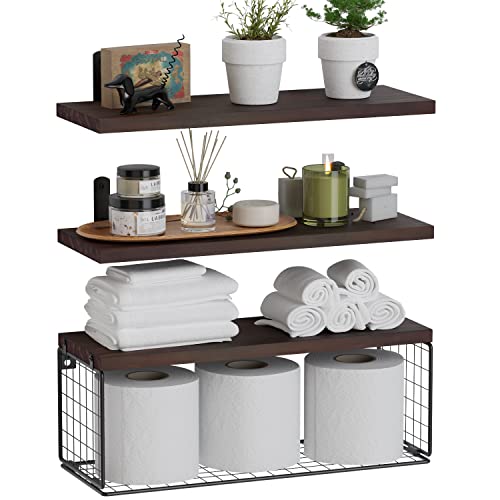 WOPITUES Rustic Bathroom Shelves Over Toilet with Wire Basket