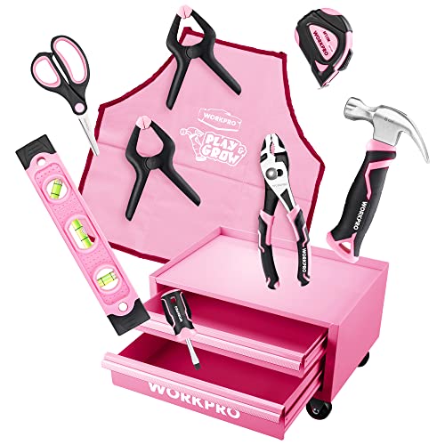 WORKPRO Pink Kids' 10-Piece Real Tool Set with Mini Steel Toolbox